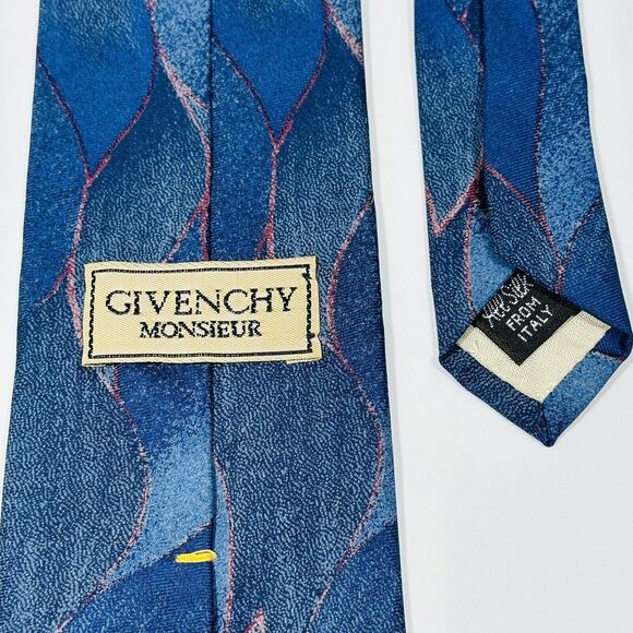 Vintage Givenchy Blue Gradient Geometric Leaf Tie Necktie Silk - Picture 4 of 7